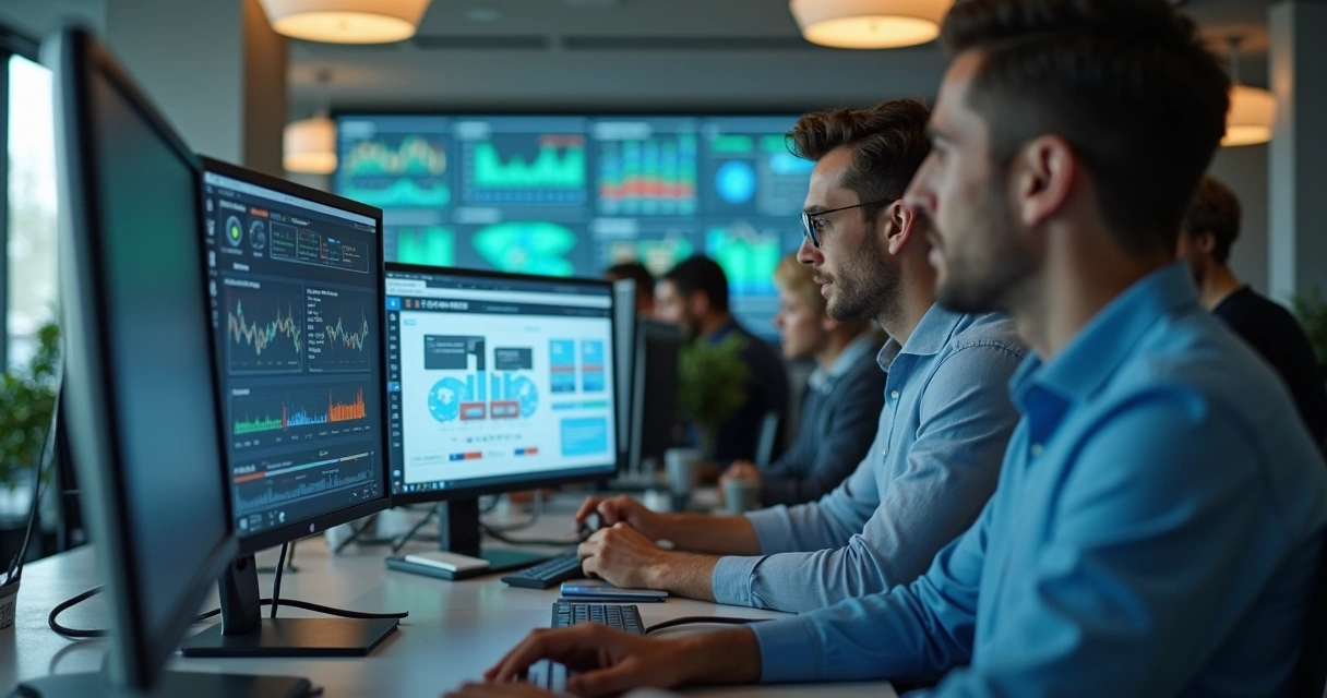 Equipe de finanças usando automação digital em ambiente moderno 