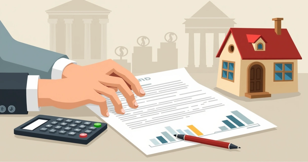 Pessoa analisando documentos financeiros com casa em miniatura ao lado 