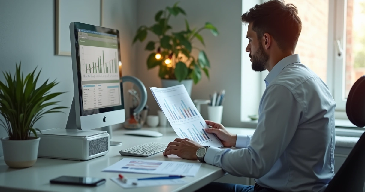 Profissional conferindo relatórios financeiros em mesa de clínica odontológica 