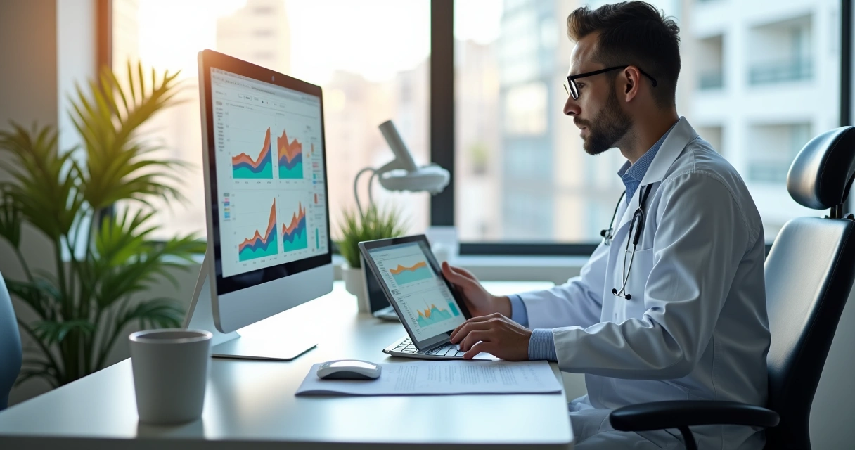 Gestão financeira digital em clínica odontológica exibida em tela de computador, com gráficos coloridos e dentista analisando 