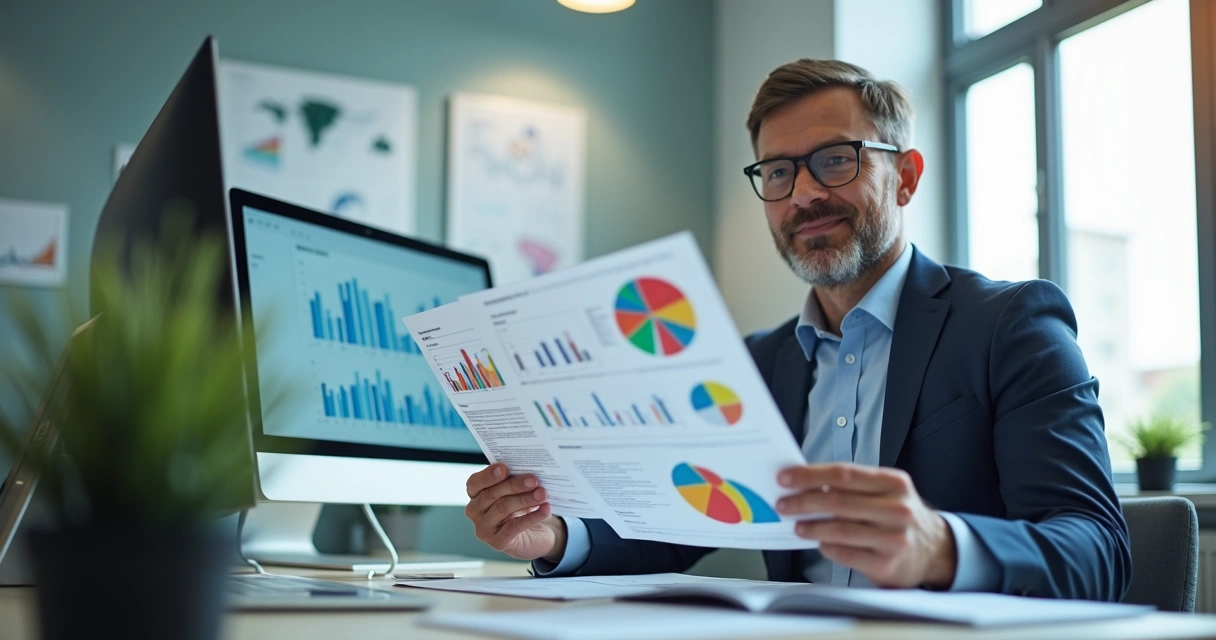 Gestor de clínica analisando relatórios financeiros ao lado de computador, gráficos coloridos na tela 