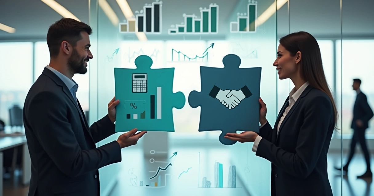 Financeiro e comercial encaixando peças de quebra-cabeça em painel com gráficos 