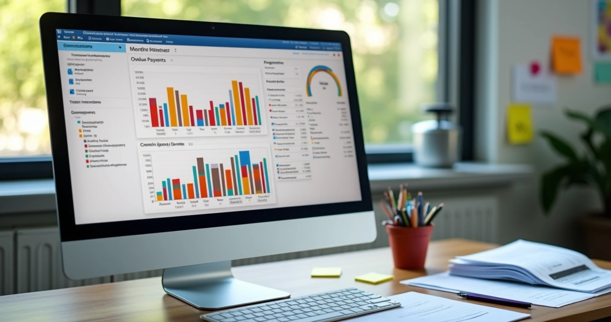 Painel financeiro escolar mostrando diversos gráficos de receitas, despesas e cobranças recorrentes com dados coloridos e botões de ação 