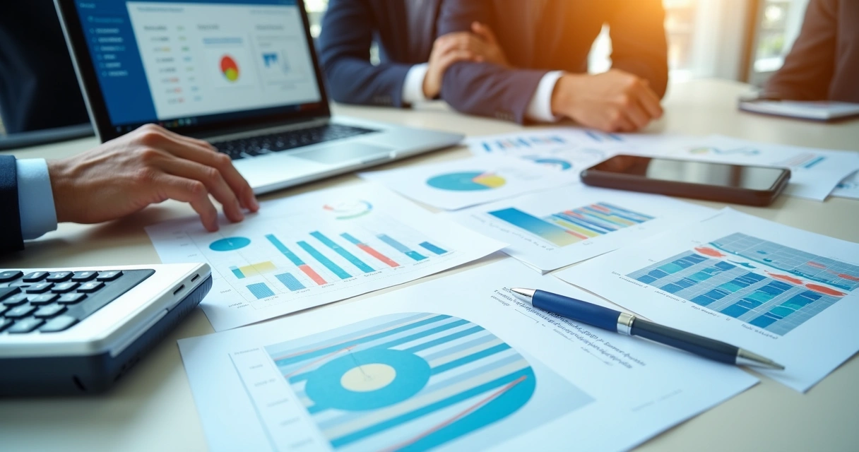 Relatórios financeiros e gráficos em mesa de reunião