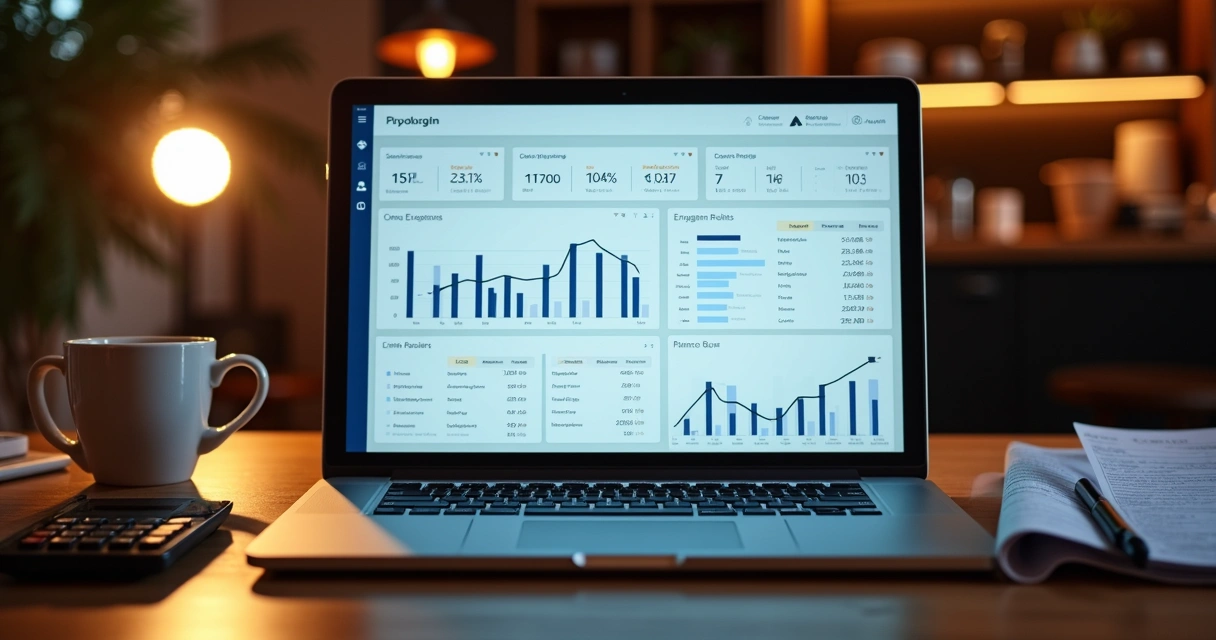Dashboard financeiro digital exibindo gráficos e relatórios Notion customizados 