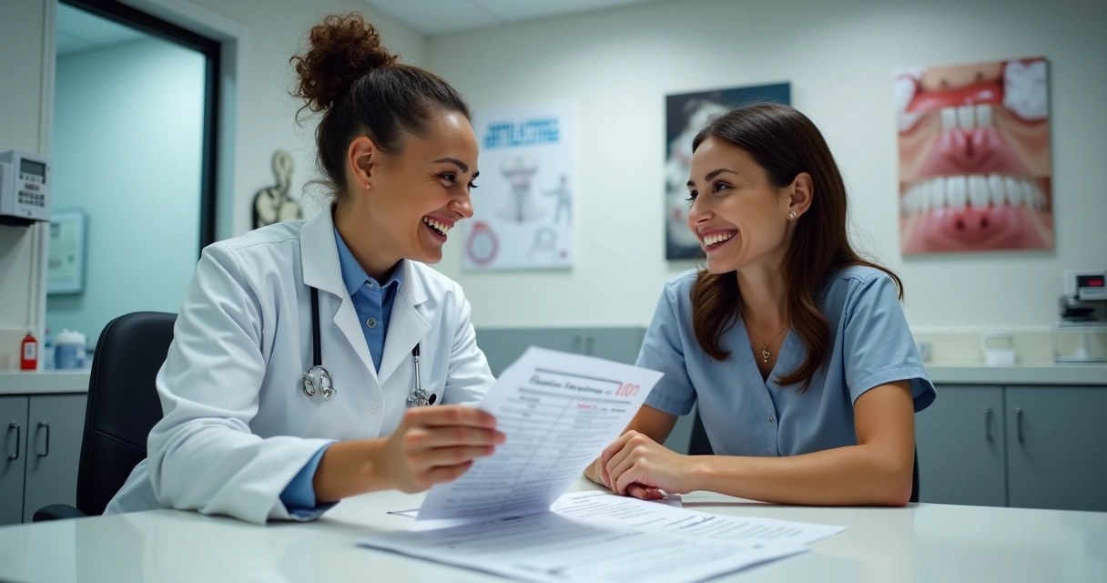 Profissional de odontologia mostrando opções de pagamento em clínica moderna