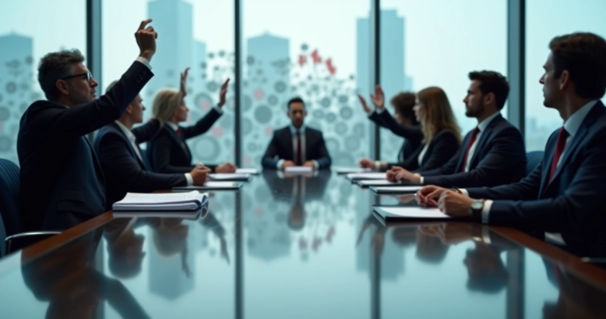 Boardroom meeting where anxious employee sees financial shadows over coworkers 