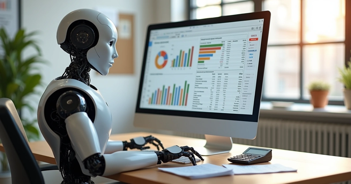 Robot analyzing spreadsheet with financial charts on screen 