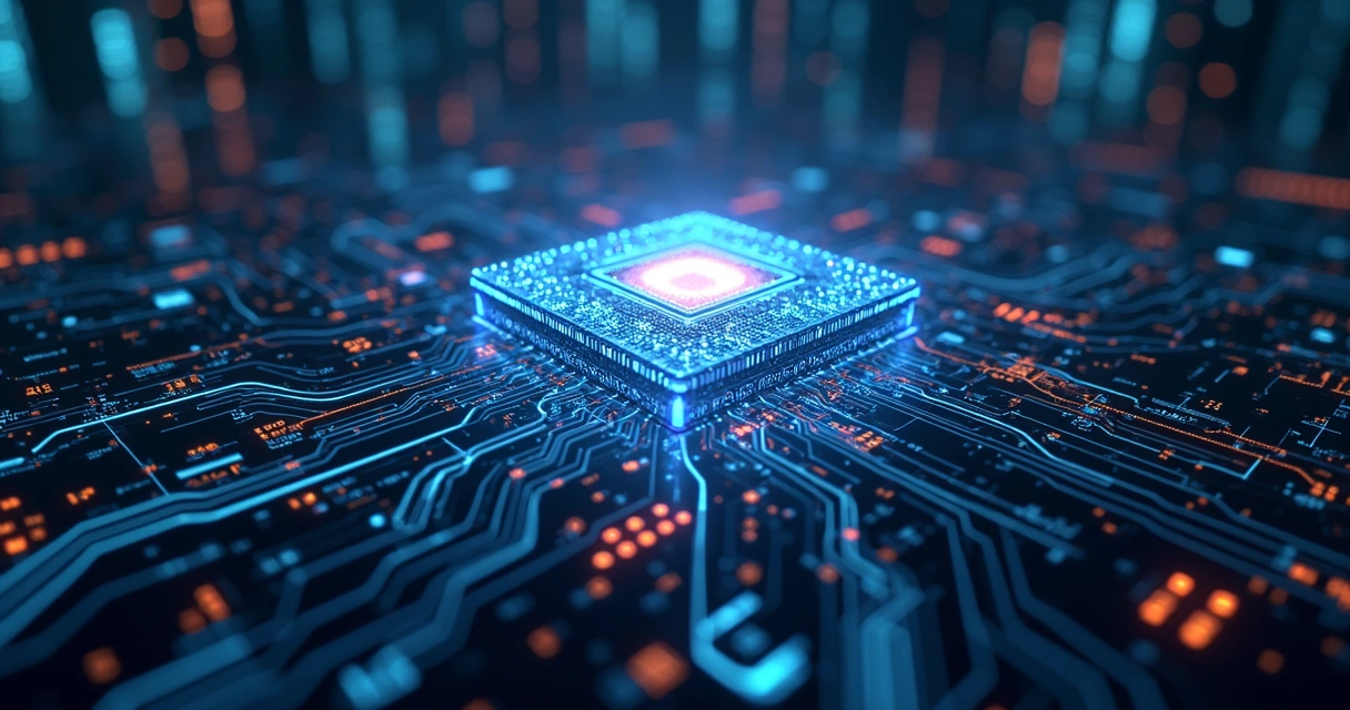Quantum computer processing financial data amid graphical charts 