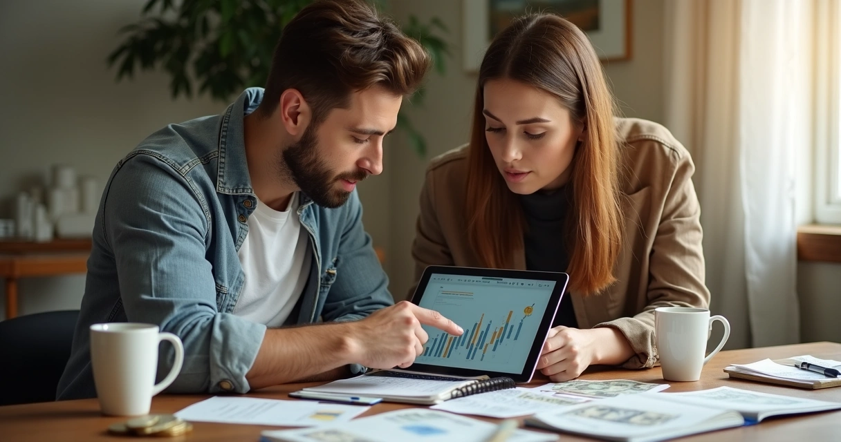 Couple reviewing finances with tablet and papers.
