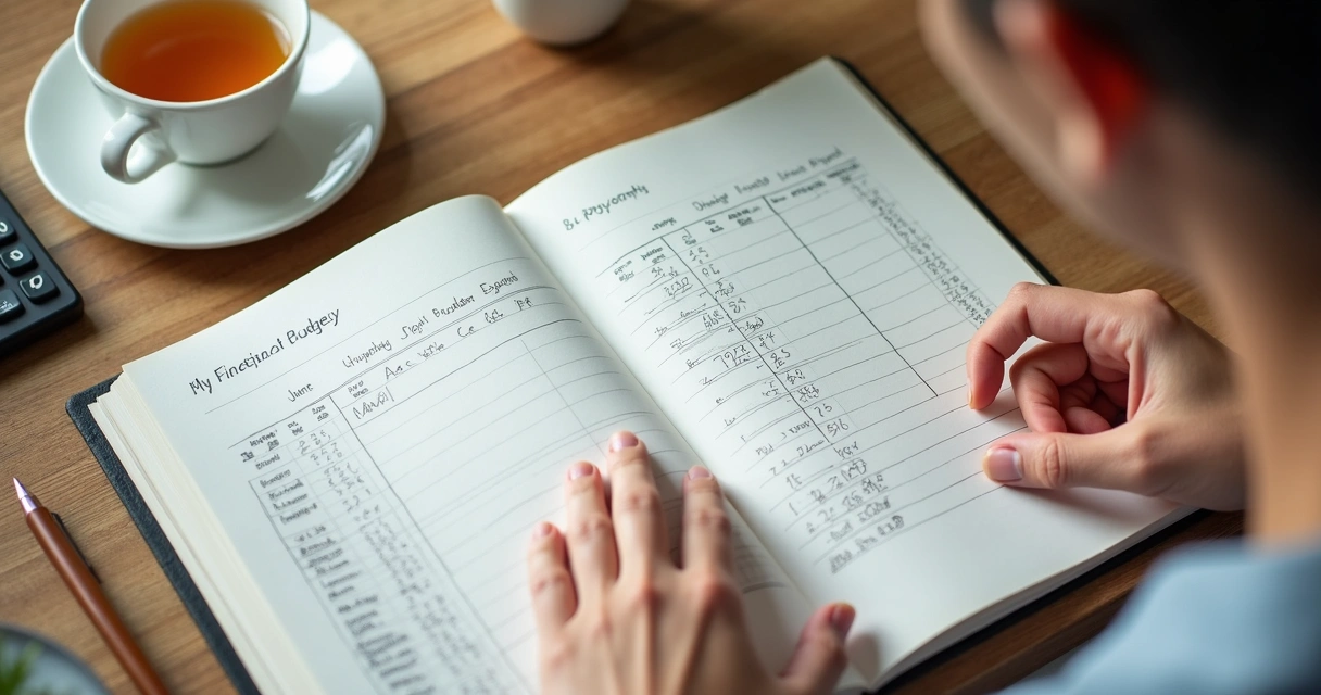 Notebook with budget notes beside a calm breathing pause and calculator 
