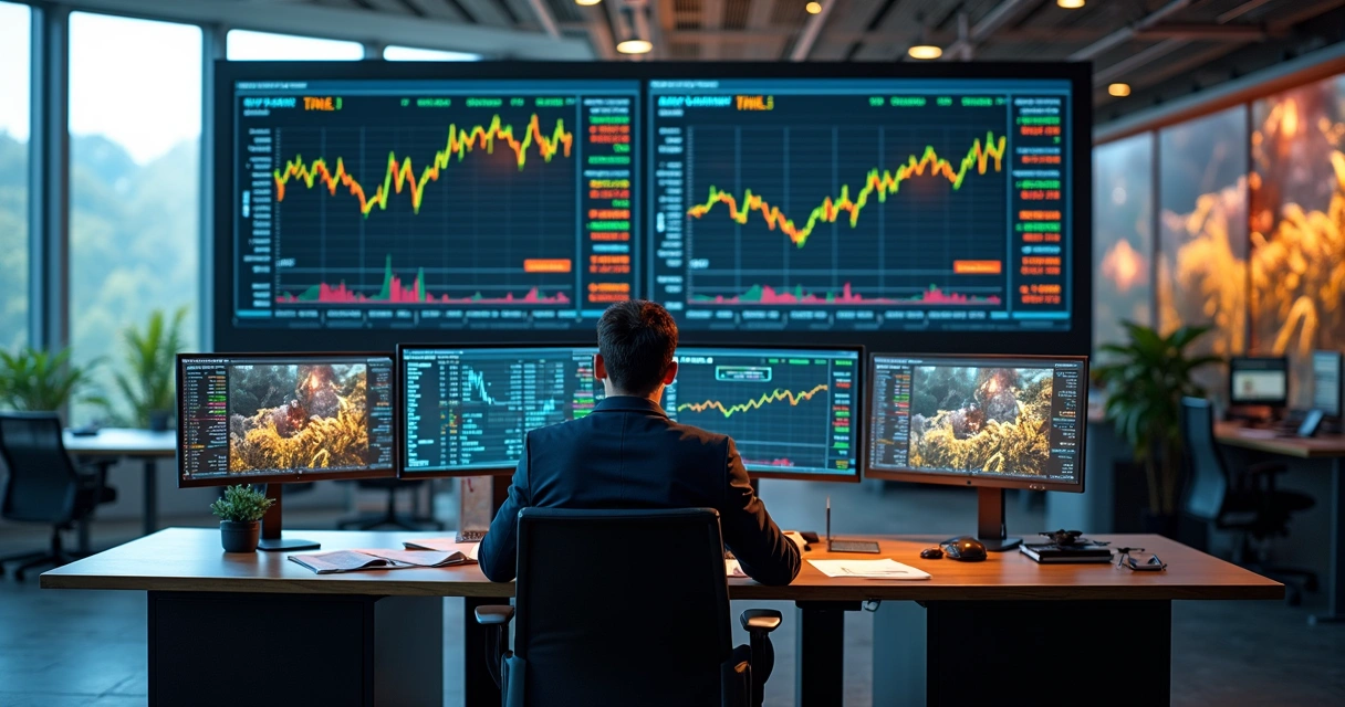Financial executive reviewing volatile market data on multiple screens in a modern office 