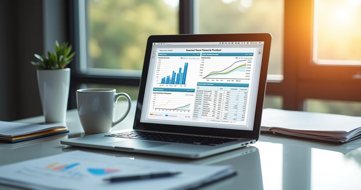 Open laptop with a 5-year financial forecast spreadsheet