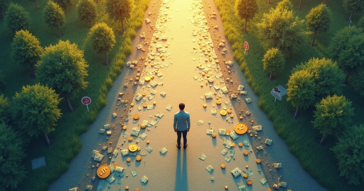 Two decision paths with contrasting moods, person choosing between them