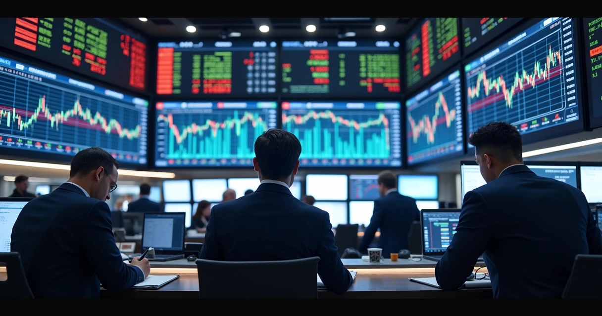 Multiple stock market screens showing numbers and graphs