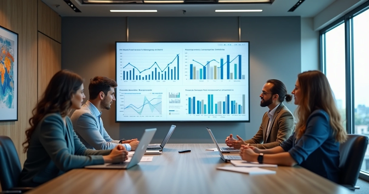 Business team discussing financial charts and line graphs on a large screen