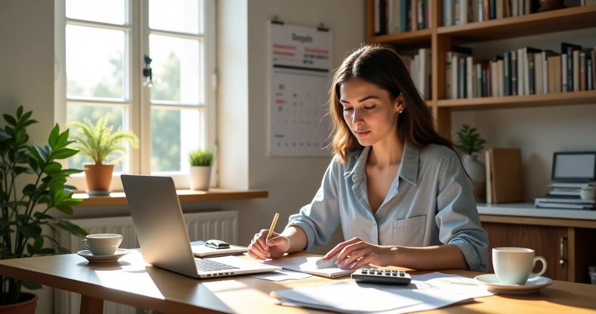 Woman working on financial planning at home desk with calculator and laptop 