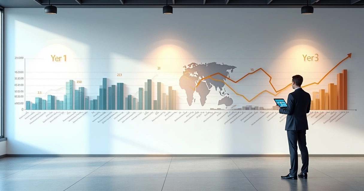 Five-year financial projections timeline with charts and subtle US map 