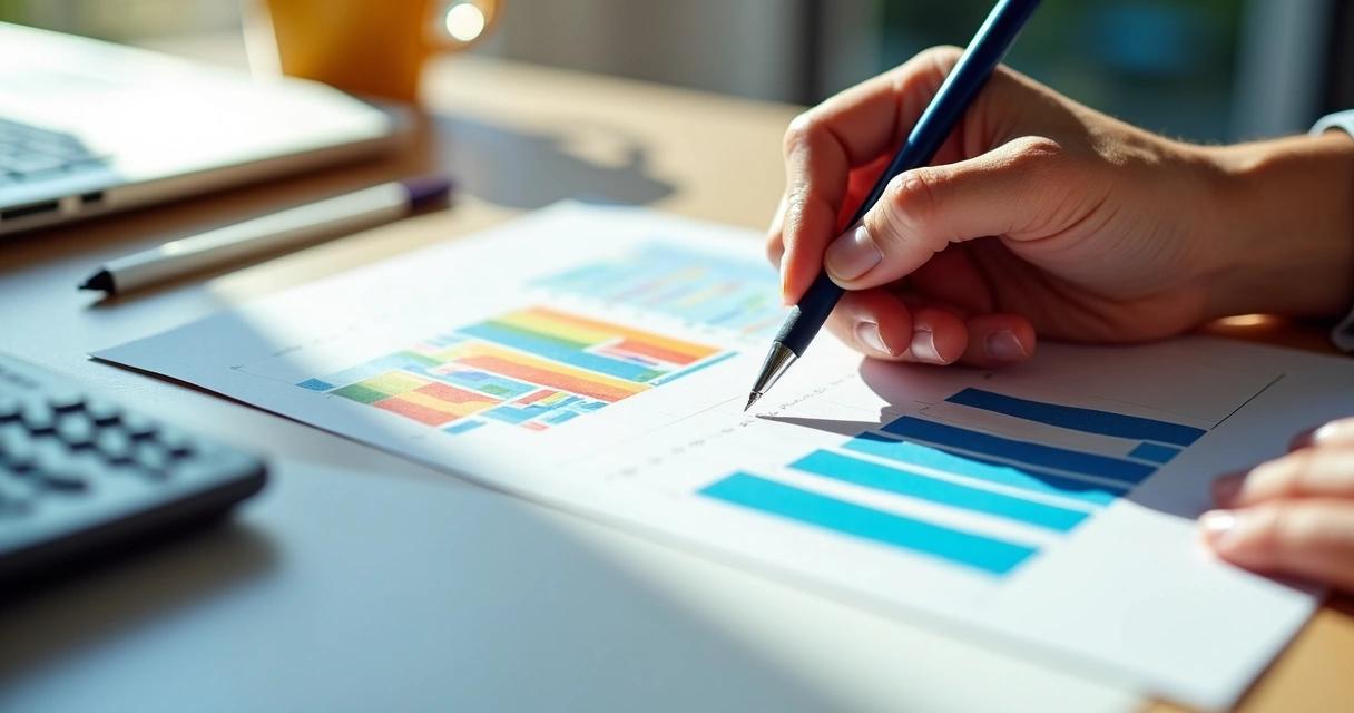 Hand holding pen over financial charts with calculator and laptop 