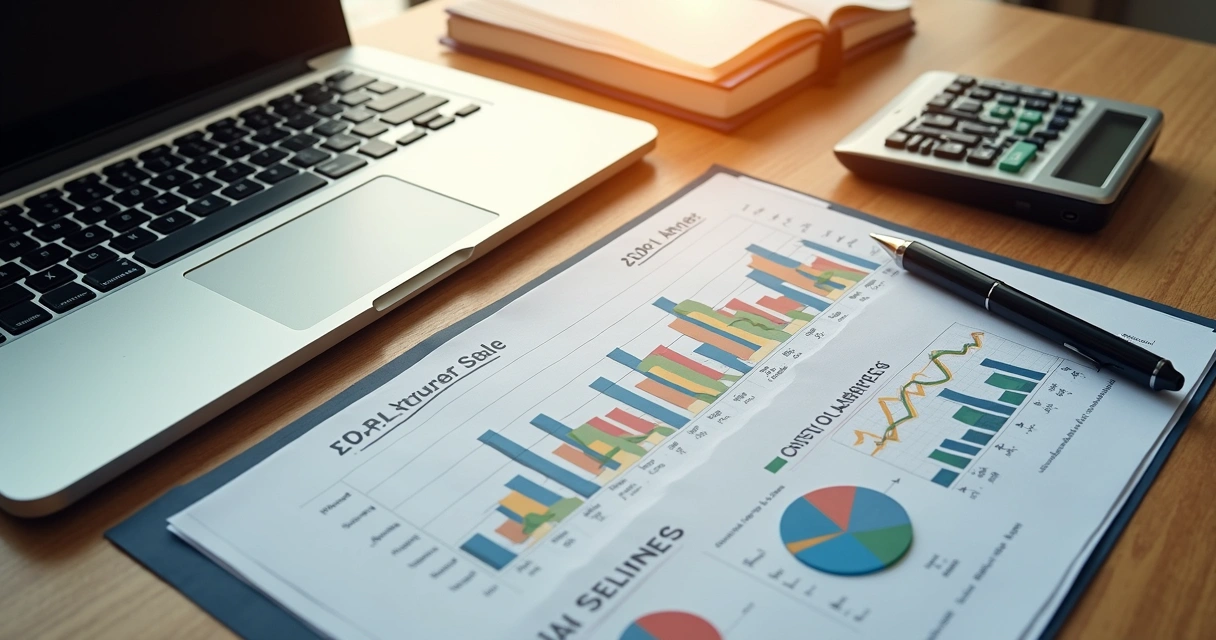 Financial charts and graphs on a wooden desk with laptop and notebook 