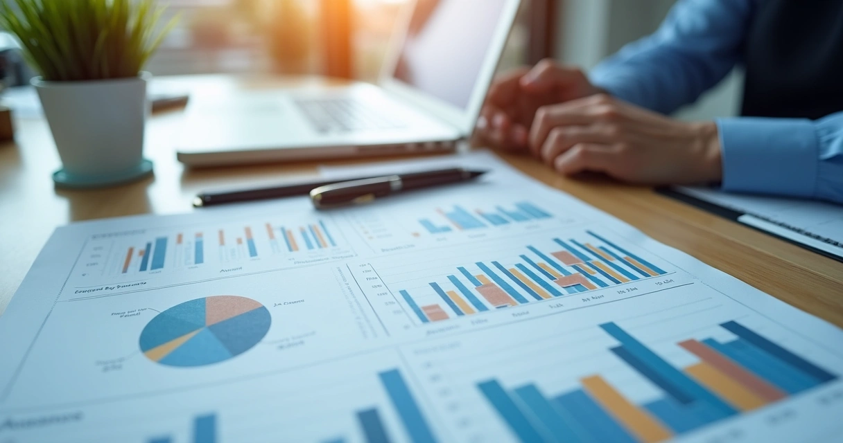 Detailed financial report with charts, graphs, and spreadsheets on a modern office desk 