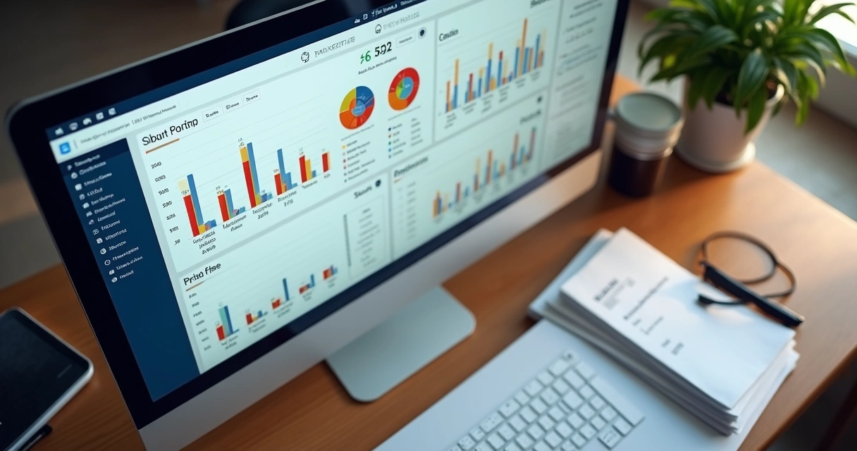Financial dashboard with charts and property data 