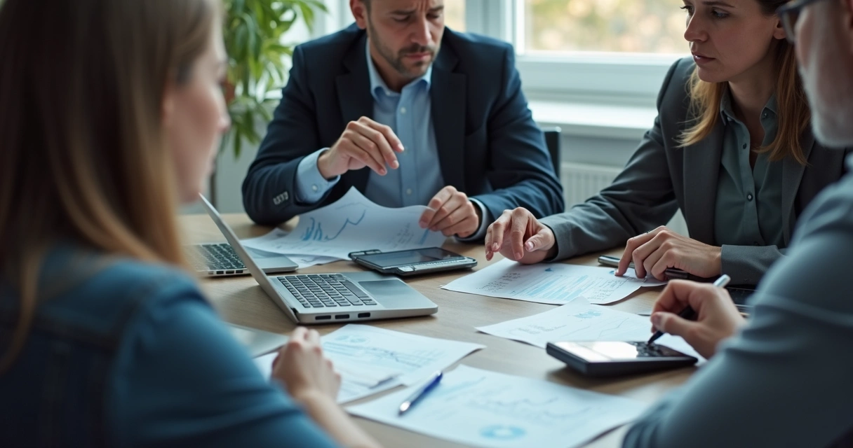 Small team discussing financial stress with documents on a table