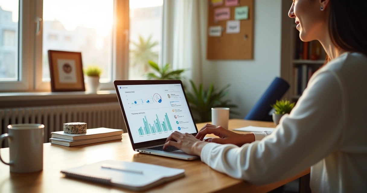 Person balancing finances and wellbeing in a calm home office 