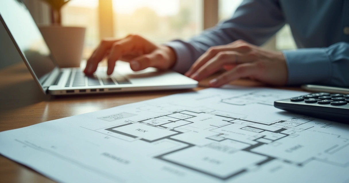 Pessoa analisando simulação de financiamento de apartamento no notebook e documentos ao lado 