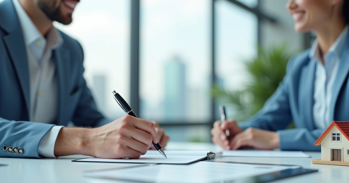 Pessoa assinando contrato de financiamento em agência bancária 