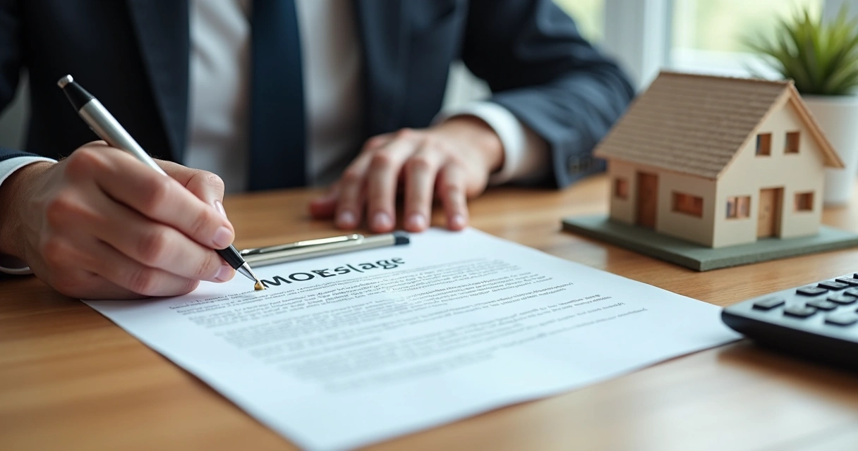 Pessoa assinando contrato de financiamento imobiliário nos EUA, caneta na mão. 