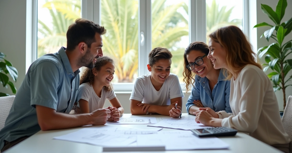 Família brasileira vendo planta de uma casa com consultor imobiliário nos Estados Unidos 