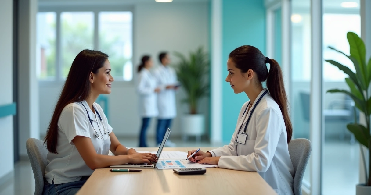 Mulher conversa com atendente sobre financiamento de cirurgia em consultório moderno 