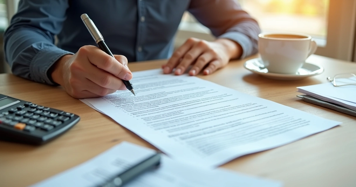 Pessoa assinando contrato de financiamento com documentos espalhados na mesa. 