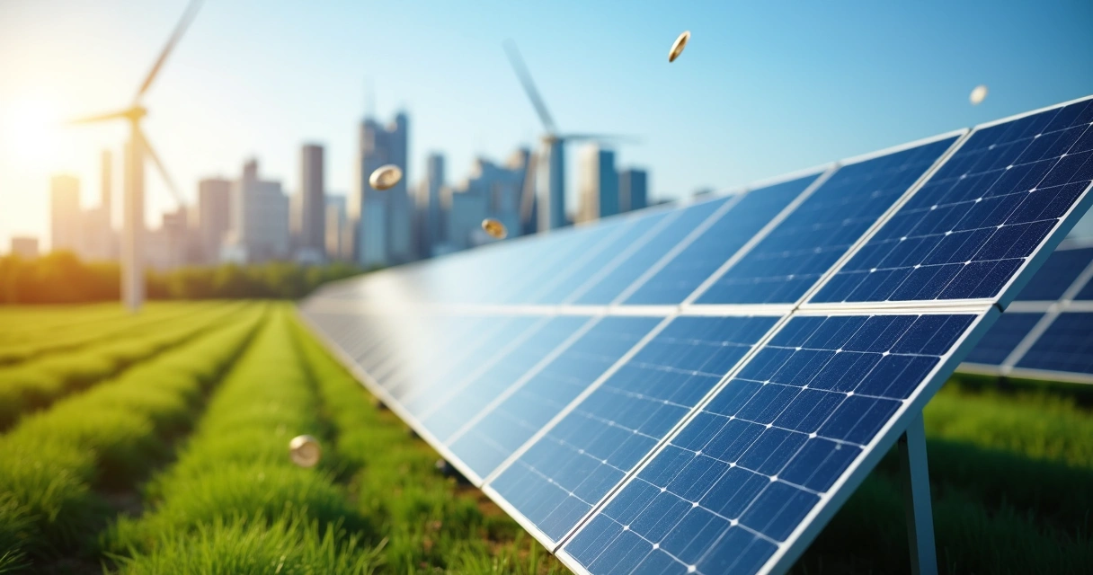 Campo amplo com painéis solares e identidade visual de financiamento 