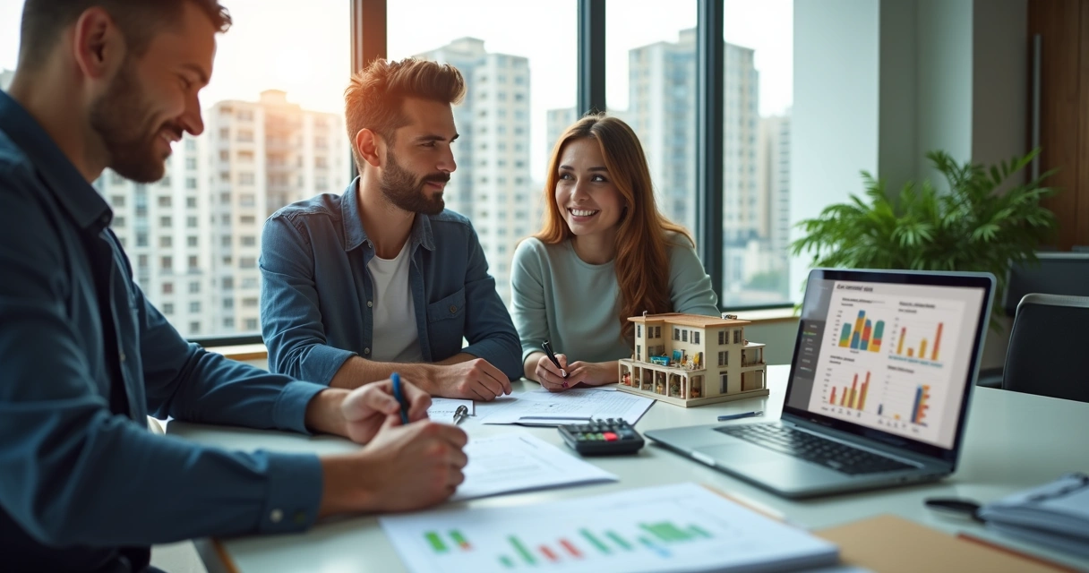 Casal jovem assinando contrato de financiamento imobiliário com corretor em escritório moderno 