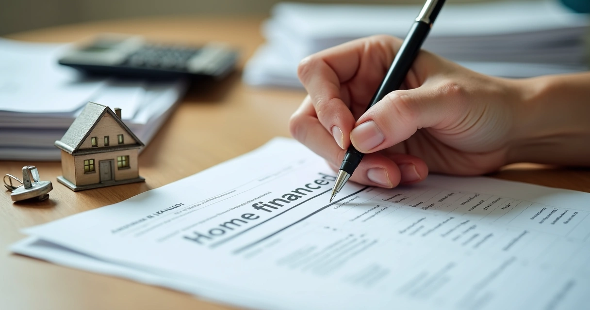Pessoa analisando documentos de financiamento imobiliário em mesa com miniatura de casa e chave 