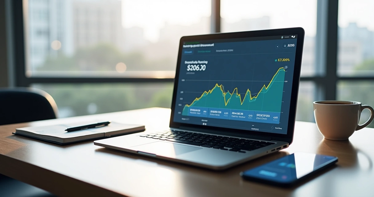 Mesa com laptop exibindo simulação de financiamento imobiliário digital e gráficos de juros e Selic 