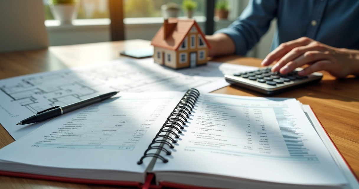 Mesa de madeira com caderno aberto, calculadora, caneta e plantas arquitetônicas ao lado de uma casa em miniatura 