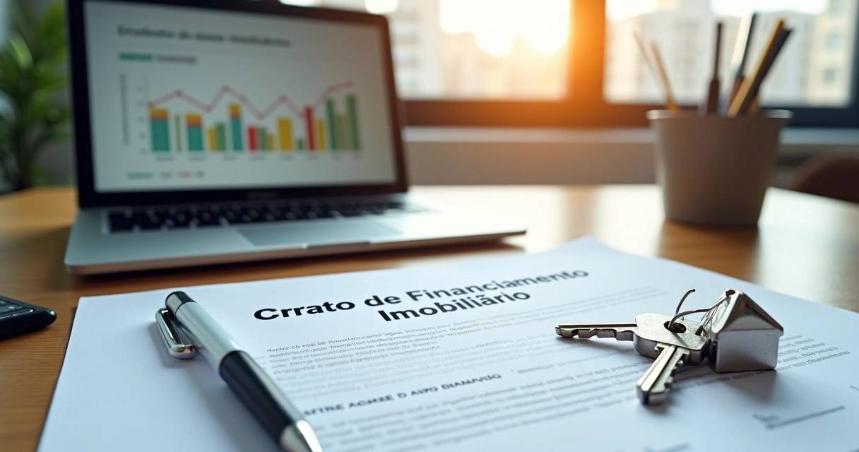 Chaves de imóvel apoiadas em contrato de financiamento ao lado de gráfico de juros 