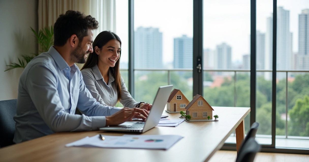 Casal analisando financiamento imobiliário com corretor em frente a maquete de prédio 