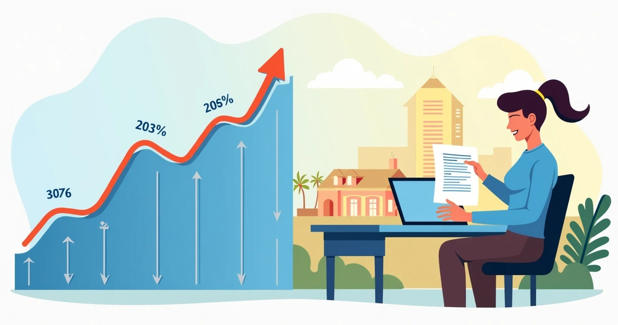 Illustration of a graph showing falling interest rates, with vacation homes beside it