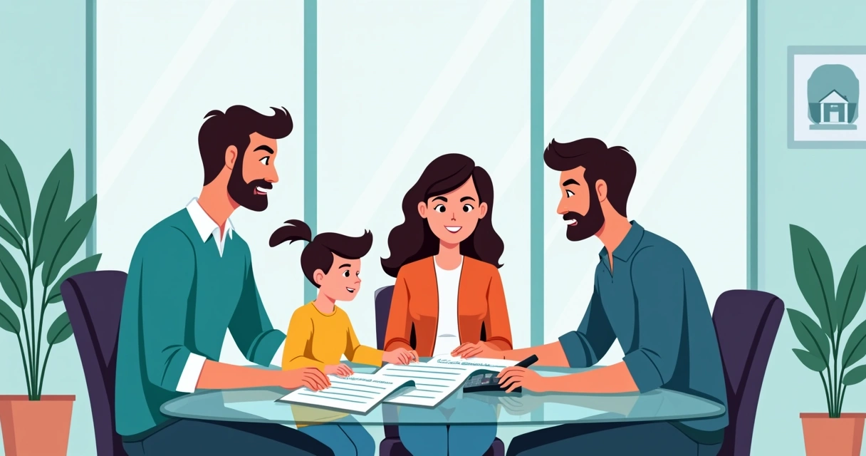Família internacional analisando financiamento de imóvel em Orlando com corretor 