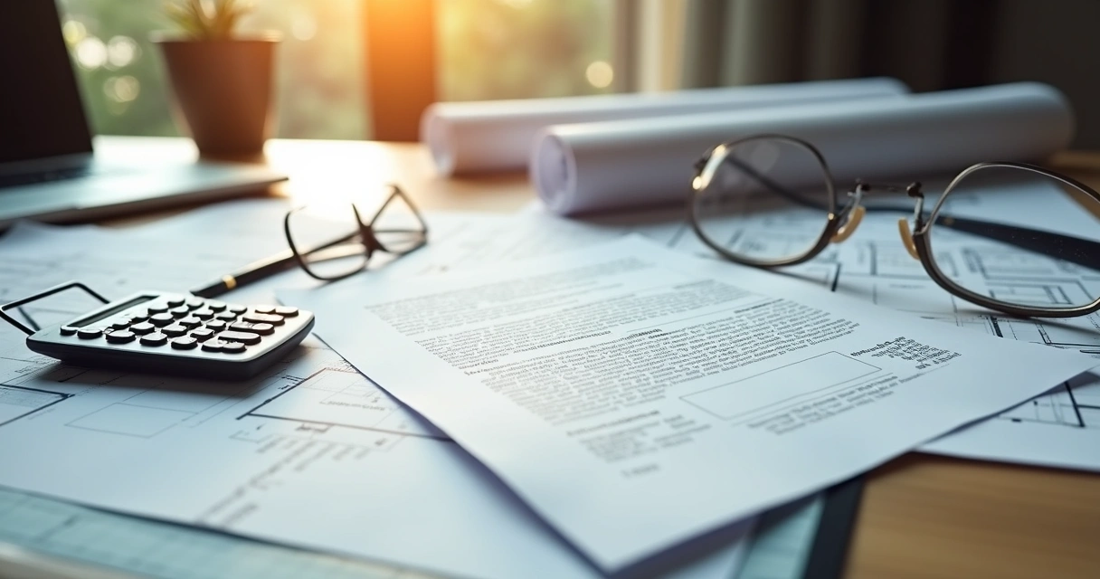 Mesa com contrato de financiamento imobiliário, calculadora, óculos e planta baixa de casa em ambiente claro 