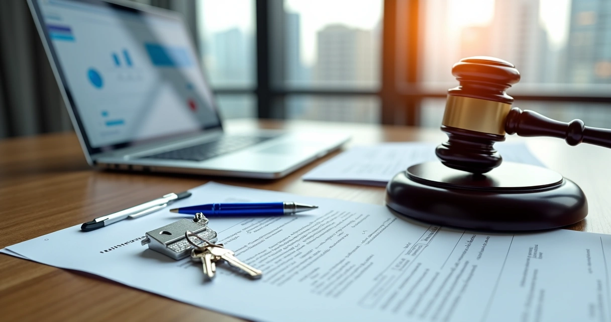 Chaves de imóvel sobre contrato de financiamento com martelo de leilão ao lado 