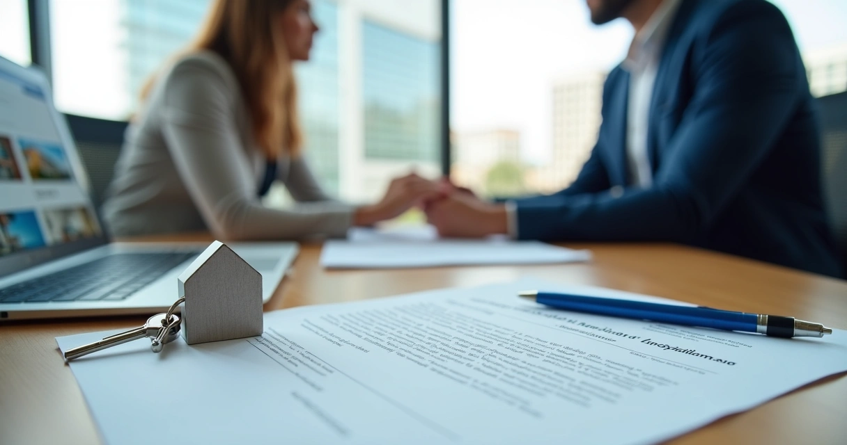 Contrato de financiamento de imóvel em leilão com chave da casa sobre a mesa 
