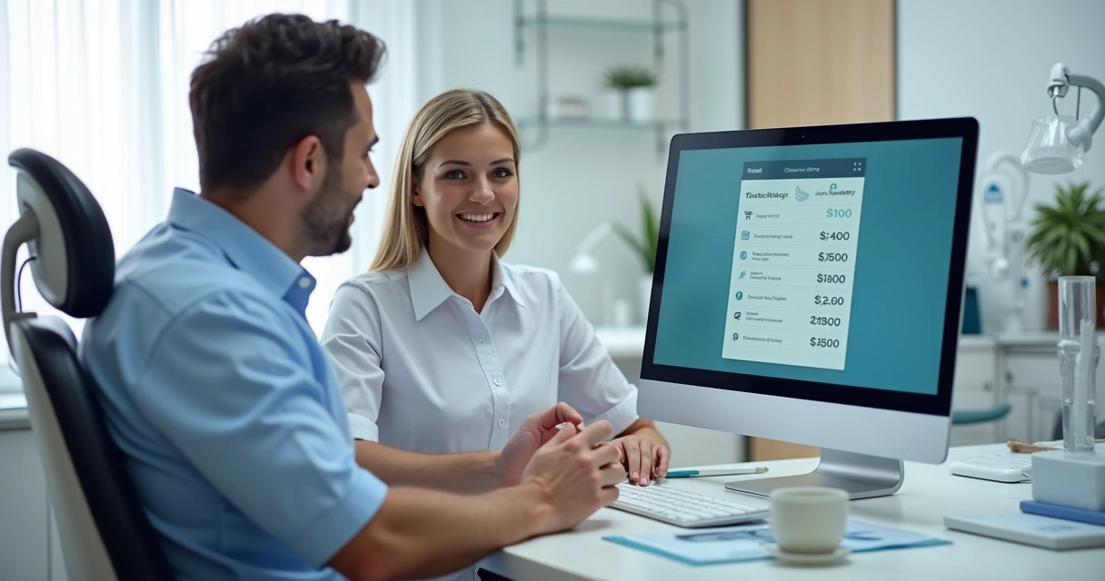 Atendente explicando condições de financiamento para paciente em consultório odontológico moderno