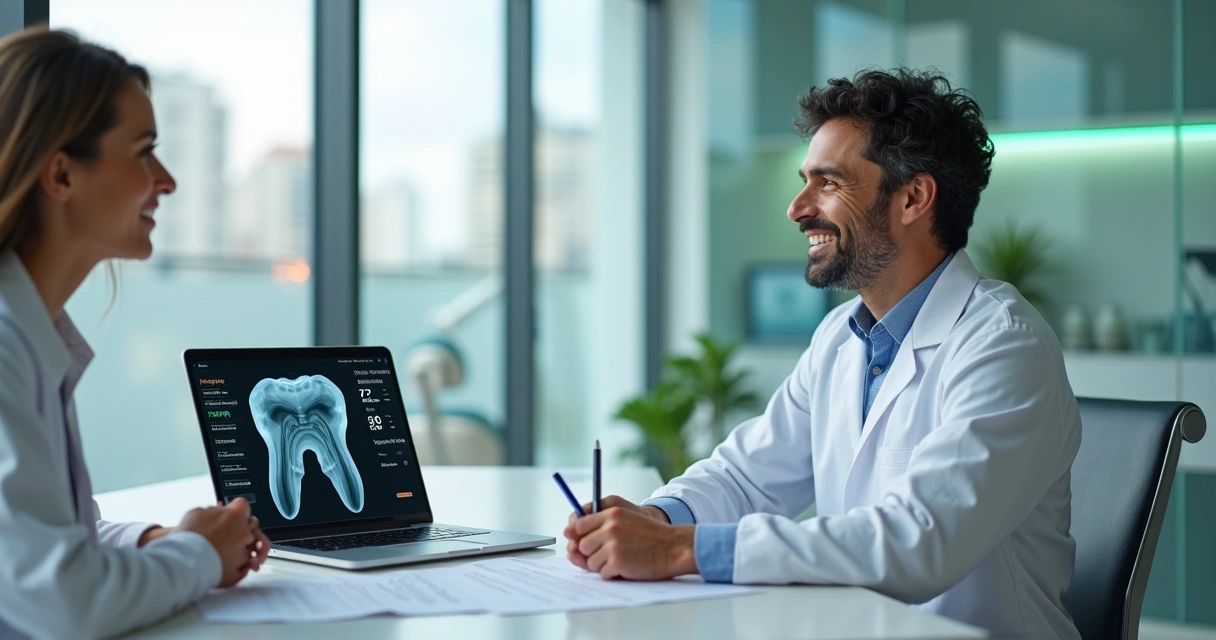 Dentista e paciente analisando opções de financiamento para implante dentário em clínica moderna 