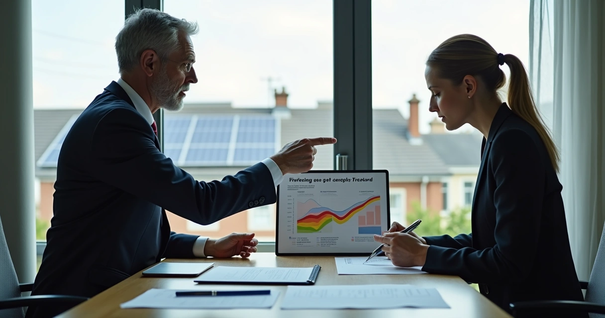 Consultor explicando financiamento de energia solar para empresária 