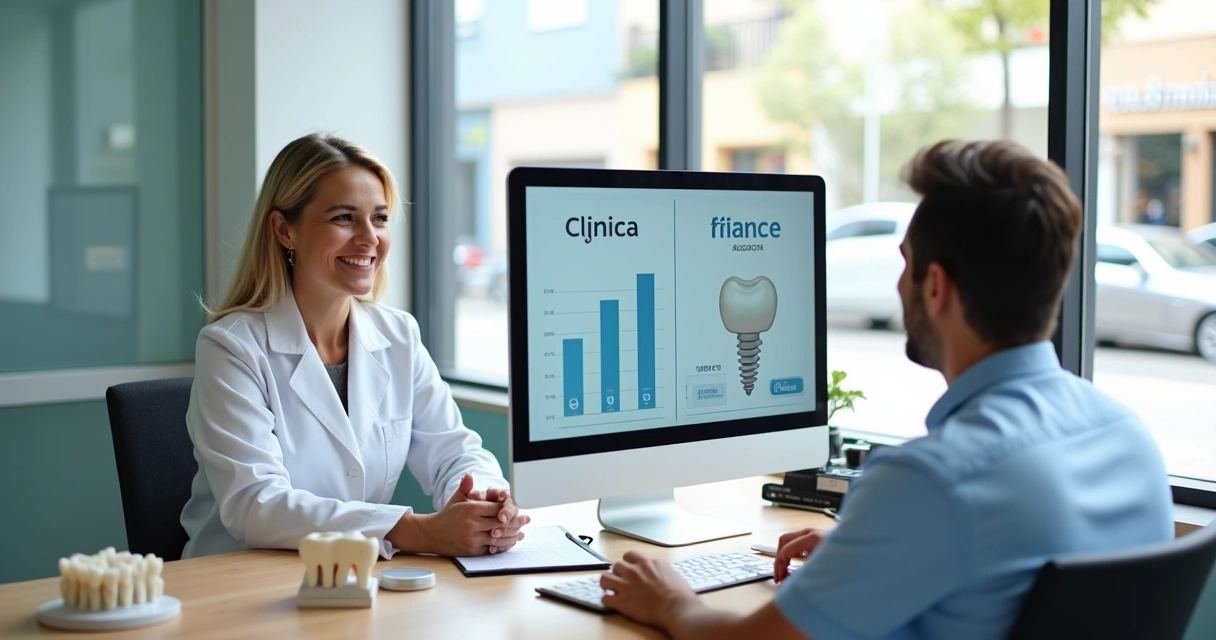 Dentista explica opções de financiamento de prótese para paciente com gráficos comparativos 